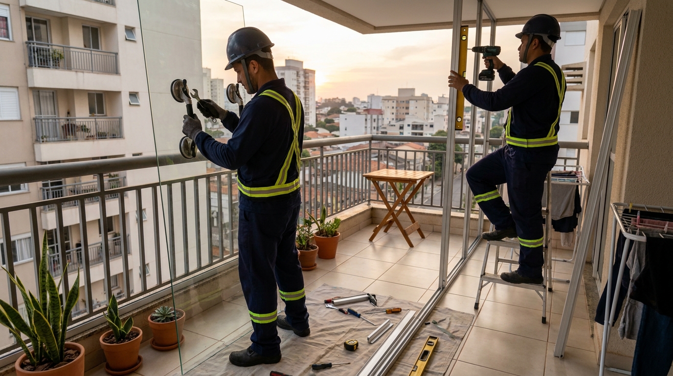 Instalação de parede de vidro em sacada em Vitória-ES