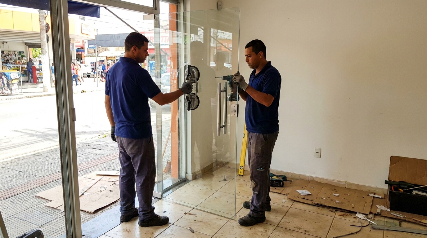 Porta de vidro de loja em rua movimentada em Vitória-ES