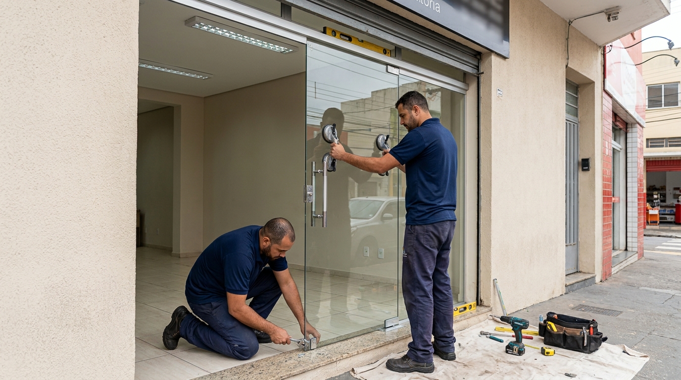 Porta de vidro com puxador inox em Vitória-ES